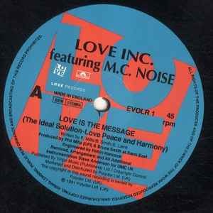 Image of Back Cover of 12" - G+/G+ - LOVE INC. (4) FEATURING MC NOISE, Love Is The Message (Remix) (Love Records; EVOLR 1, UK 1991, Stickered Die Cut Plain Sleeve), Lots of light hairlines and marks.,  - 3316632C