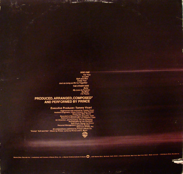 Image of Back Cover of LP - VG/VG - PRINCE, For You (Warner Bros. Records; BSK 3150, US 1978 Reissue, Inner), Disc is strong VG. Sleeve is VG+ but has a notch,  - 1146364S