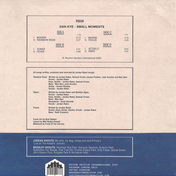 Image of Back Cover of 2xLP - VG+/EX - DAN KYE, Small Moments (Rhythm Section International; RS036, UK 2020, Textured Sleeve), Unsealed instore, sleeve slightly creased.,  - 3716422C