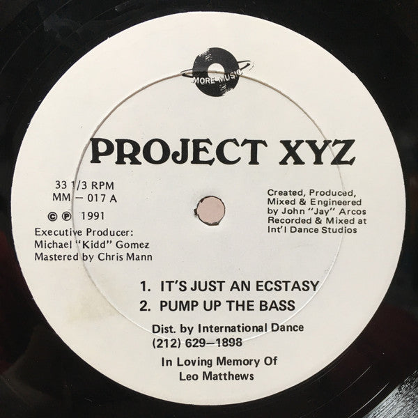 Image of Front Cover of 12" EP - /VG+ - PROJECT XYZ, It's Just An Ecstasy (More Music Records; MM   017, US 1991, Plain Sleeve), Tracks highlighted on both labels.,  - 3346199S