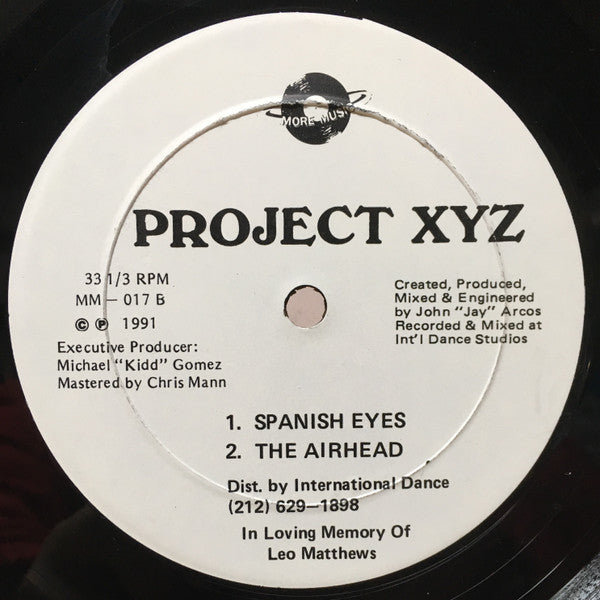 Image of Back Cover of 12" EP - /VG+ - PROJECT XYZ, It's Just An Ecstasy (More Music Records; MM   017, US 1991, Plain Sleeve), Tracks highlighted on both labels.,  - 3346199S