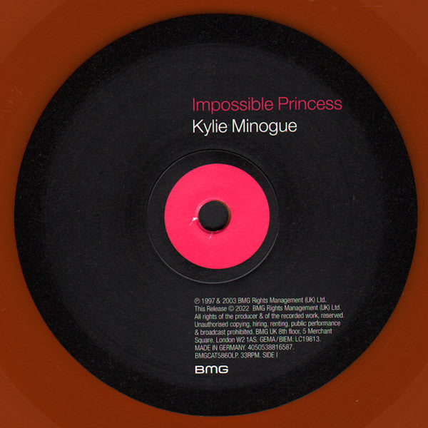 Image of Label Cover of 4232073E: LP - KYLIE MINOGUE, Impossible Princess (BMG; BMGCAT586OLP, Europe 2022 Reissue, Inner, Orange Opaque Vinyl.)   NEW/NEW