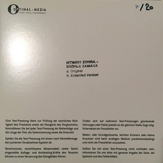 Image of Front Cover of 2254010S: 7" - ZOHRA, Badala Zamana (MTMU ; MTMB 01, Germany 2018 Reissue, Stamped White Label, Stamped And Numbered Pressing Plant Sleeve, Limited Edition of 20) One Light blemish on side 2. Limited Edition No 20/20  EX/VG+