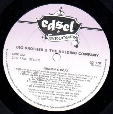 Image of Label Cover of LP - VG+/EX - BIG BROTHER AND THE HOLDING COMPANY, Joseph's Coat (Edsel Records; ED 170, UK 1986), ,  - 2225254E