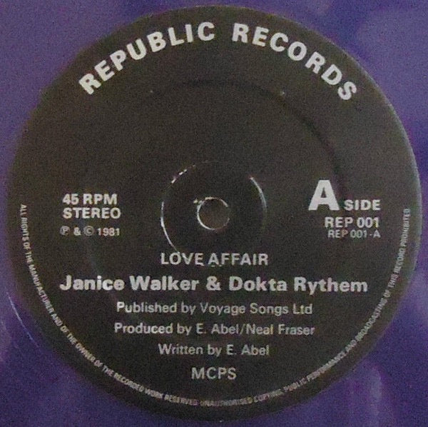 Image of Front Cover of 12" - /EX - JANICE WALKER, Love Affair (Republic Records ; REP O01, UK 1981, Purple Vinyl), Shiny clean. Lovely purple wax.,  - 2816295C