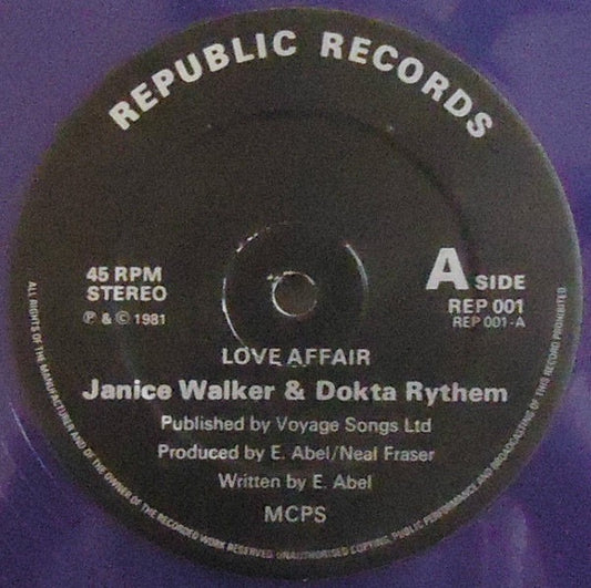 Image of Front Cover of 12" - /EX - JANICE WALKER, Love Affair (Republic Records ; REP O01, UK 1981, Purple Vinyl), Shiny clean. Lovely purple wax.,  - 2816295C