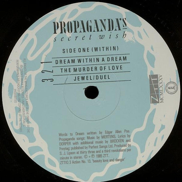 Image of Label Cover of LP - VG/VG - PROPAGANDA, A Secret Wish (ZTT; ZTTIQ 3, UK 1985, Inner), Hairlines, edge wear,  - 3446315S