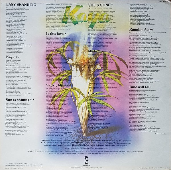 Image of Back Cover of 3315394C: LP - BOB MARLEY AND THE WAILERS, Kaya (Island Records; ILPS 9517, UK 1978, Inner, No EMI on labels.)   EX/EX
