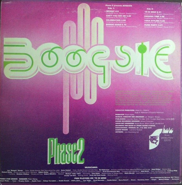 Image of Back Cover of LP - G+/VG+ - LENNOX BOOGSIE SHARPE, Phase2 (Sharc; SS1079, Trinidad & Tobago 1979), Shiny clean disc, a couple of light marks. WOL. Sleeve is taped on both seams, shows light staining and storage wear. SWOC.,  - 4246251S