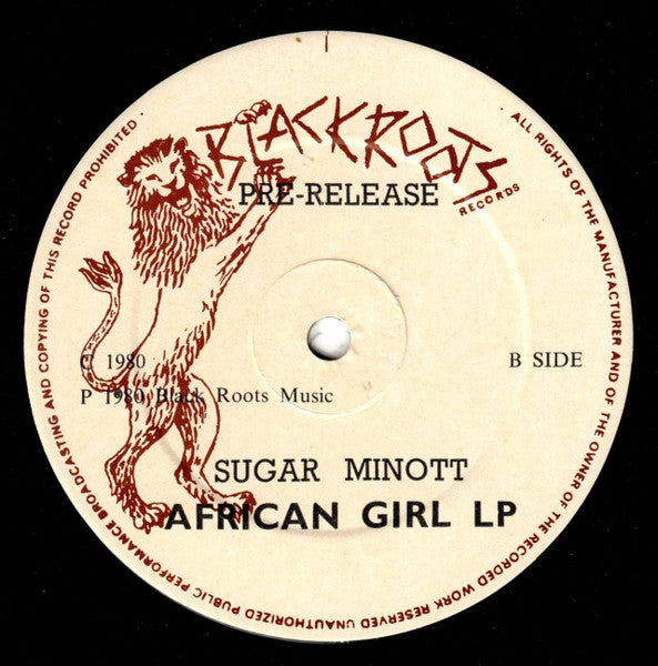 Image of Back Cover of LP - /VG - SUGAR MINOTT, African Girl (Black Roots; none, UK 1980, Pre-Release, Plain Sleeve), Some writing on plain sleeve, Tracklist:A1		Ghetto YouthsA2		Holy Mount ZionA3		African GirlA4		Chant A PsalmsA5		All I Want Is Jah JahB1		Come Sister ComeB2		Jah Jah ChildrenB3		Penny For My SongB4		Love Jah For EverB5		Mind Your Motion - 3926047E