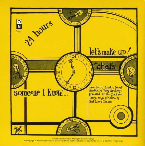 Image of Back Cover of 7" - VG+/VG+ - THE CHEFS, 24 Hours (Optic Nerve Recordings; ON411, UK 2022 Reissue, Picture Sleeve, Company Inner, Postcard & Poster, Yellow Vinyl), Strong VG+, Complete with bonus press release sheet,  - 3516096C