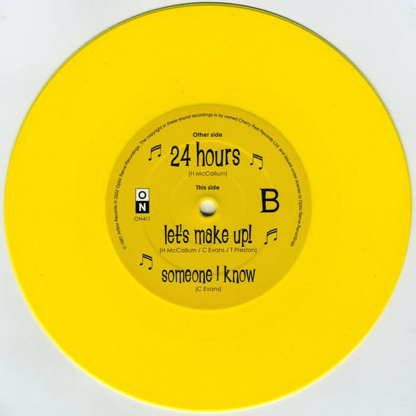 Image of Label Cover of 7" - VG+/VG+ - THE CHEFS, 24 Hours (Optic Nerve Recordings; ON411, UK 2022 Reissue, Picture Sleeve, Company Inner, Postcard & Poster, Yellow Vinyl), Strong VG+, Complete with bonus press release sheet,  - 3516096C