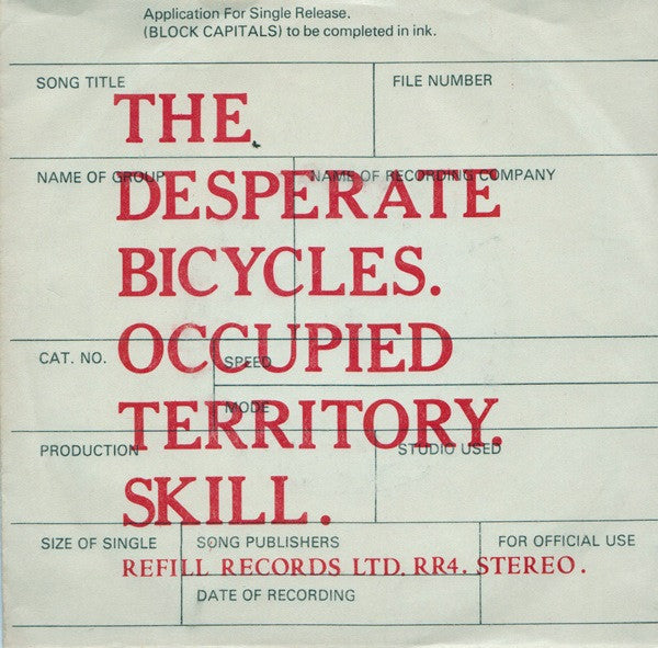 Image of Front Cover of 7" - VG/EX - THE DESPERATE BICYCLES, Occupied Territory / Skill (Refill Records; RR4, UK 1978, Picture Sleeve), Sleeve Creased,  - 2426189E