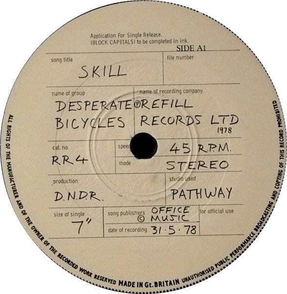 Image of Label Cover of 7" - VG/EX - THE DESPERATE BICYCLES, Occupied Territory / Skill (Refill Records; RR4, UK 1978, Picture Sleeve), Sleeve Creased,  - 2426189E