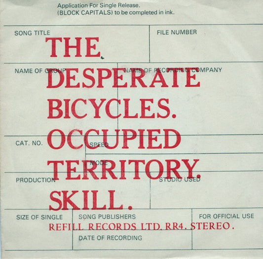 Image of Front Cover of 7" - VG/EX - THE DESPERATE BICYCLES, Occupied Territory / Skill (Refill Records; RR4, UK 1978, Picture Sleeve), Sleeve Creased,  - 2426189E