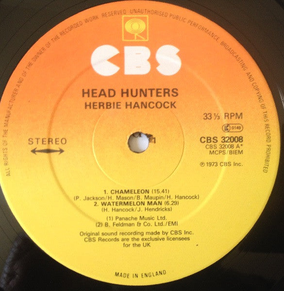 Image of Label Cover of LP - VG/VG+ - HERBIE HANCOCK, Head Hunters (CBS Orange/Yellow; CBS 32008, UK 1970s Reissue, Picture Sleeve, Company Insert), Light wear to sleeve with evidence of small price sticker on sleeve.,  - 3926251E
