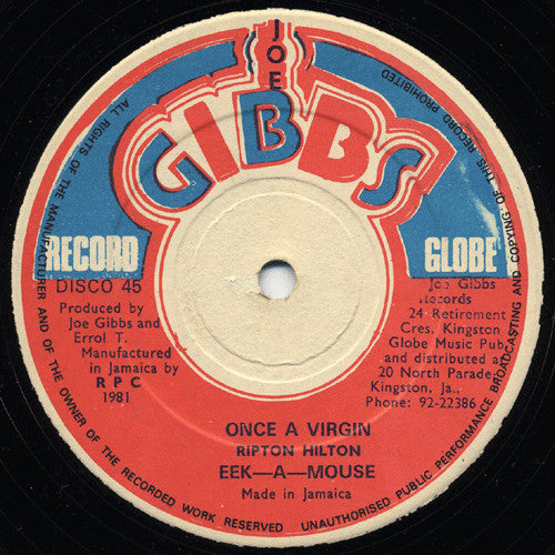 Image of Front Cover of 2514030C: 12" - EEK-A-MOUSE / JOE GIBBS & THE PROFESSIONALS, Once A Virgin / Modelling Queen (Joe Gibbs Record Globe; GB4268, Jamaica 1981, Reggae Disco 45 Sleeve) Light marks only.  VG+/VG+