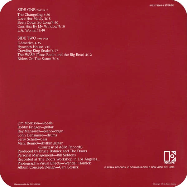 Image of Back Cover of LP - VG/VG+ - THE DOORS, L.A. Woman (Elektra ; 8122-79865-5, Europe 2009 Reissue, Debossed Die-Cut Sleeve With Acetate Window And Radius Corners, Inner, 180 Gram Vinyl), Sleeve Creased,  - 2826058E