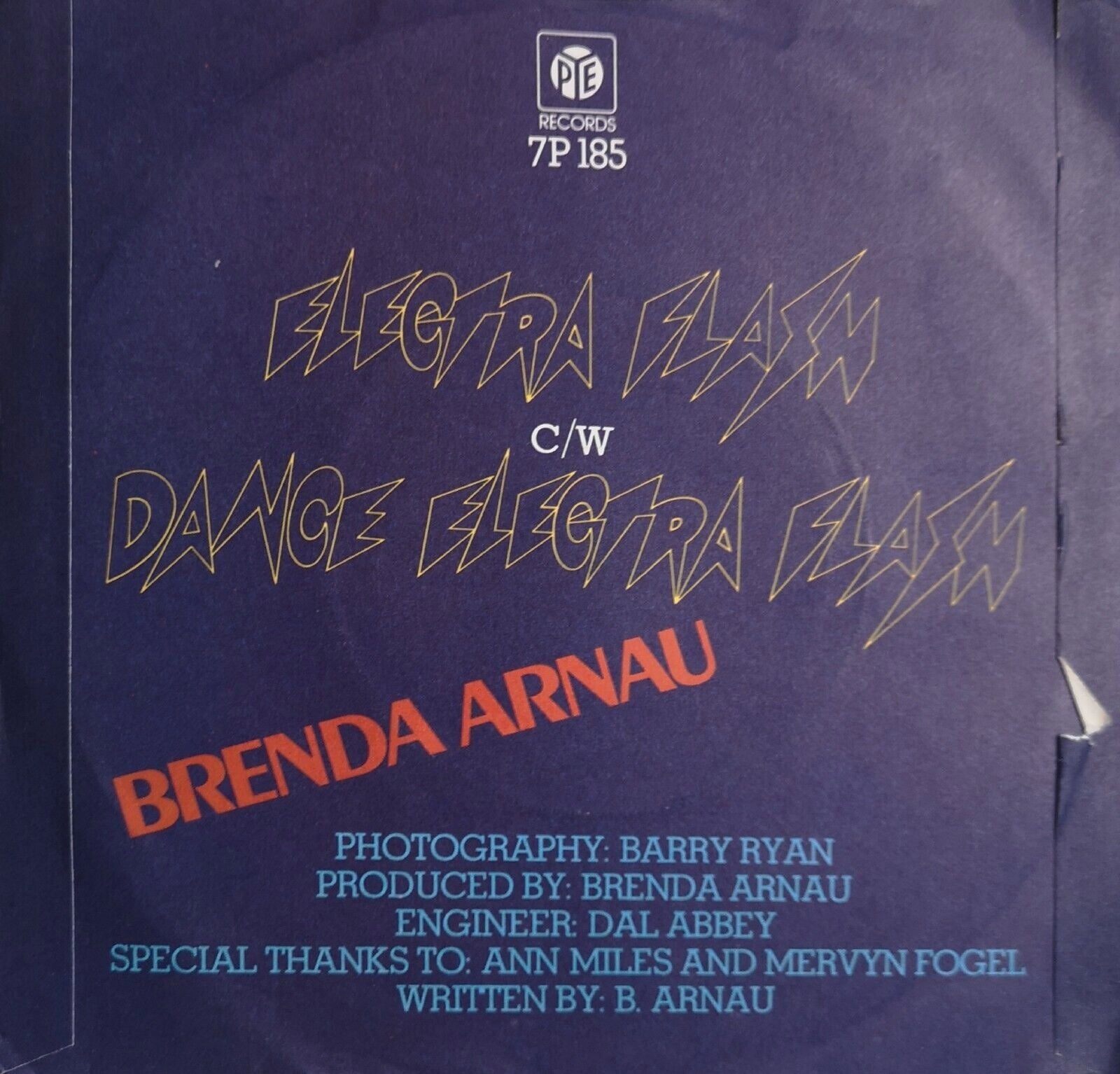 Image of Back Cover of 1253008S: 7" - BRENDA ARNAU, Electra Flash (Pye Records; 7P 185, UK 1980) Sleeve creased with some damage on reverse and wear at edges. Label pressed off-centre  VG/G