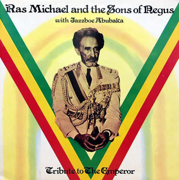 Image of Front Cover of LP - G+/G+ - RAS MICHAEL & THE SONS OF NEGUS WITH JAZZBOE ABUBAKA, Tribute To The Emperor Rastafori (Trojan Records; TRLS 132, UK 1976), Front sleeve is covered in signatures from the band - dated 1976. Disc has some light marks/scuffs but plays well!,  - 4416126C