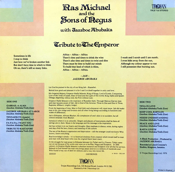 Image of Back Cover of LP - G+/G+ - RAS MICHAEL & THE SONS OF NEGUS WITH JAZZBOE ABUBAKA, Tribute To The Emperor Rastafori (Trojan Records; TRLS 132, UK 1976), Front sleeve is covered in signatures from the band - dated 1976. Disc has some light marks/scuffs but plays well!,  - 4416126C