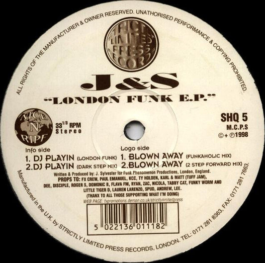 Image of Front Cover of 4015115C: 12" EP - J & S (JEREMY SYLVESTER), London Funk EP (Strictly Limited Press Records ; SHQ 5, UK 1998, Plain Sleeve)   /G+