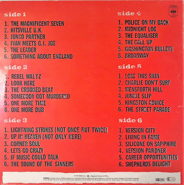 Image of Back Cover of 3xLP - G+/VG - THE CLASH, Sandinista! (CBS; FSLN 1, UK 1980, Newspaper Insert, "Unknown" & Copyright Control Credits.), Disc 2 is VG+. The other 2 discs are VG with light hairlines. Sleeve has ringwear, creases, 3 bumped corners and one torn corner.,  - 2326284E