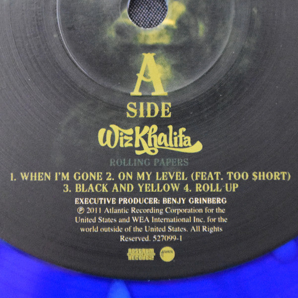 Image of Label Cover of 5115237C: 2xLP - WIZ KHALIFA, Rolling Papers (Atlantic Records ; 527099-1, US 2021 Reissue, Picture Sleeve, Insert, Limited Edition Rolling Papers Vinyl. Pressed on Blue with Splatter Effect . Limited to 2,500 Worldwide.) Sleeve has sticker damage / ghosts on front  VG/VG+