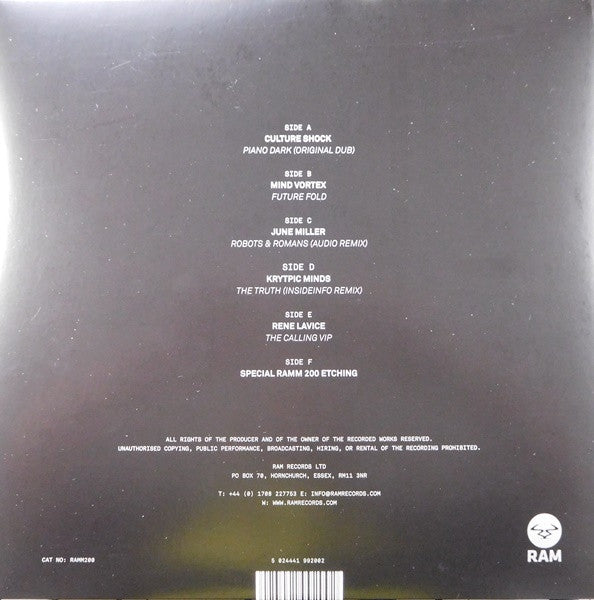 Image of Back Cover of 3x12" - G+/VG+ - VARIOUS ARTISTS, RAMM200 (RAM Records ; RAMM200, UK 2016, Triple Die-cut Gatefold, Black Inners, The vinyl is a triple gatefold release, with a RAMM200 etching on the F side of the Third vinyl. Also included, is a limited edition special UV gloss poster which has every one of Ram Records 200 releases on it! The alluring package is finished off with a smooth, die cut '200' front cover.), Clean discs. Quite a bit of storage wear on sleeve, corner damage, small tears.,  