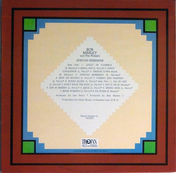 Image of Back Cover of LP - VG/VG - BOB MARLEY AND THE WAILERS, African Herbsman (Trojan Records ; TRLS 62, UK 1980s Reissue, Picture Sleeve), Conservative grading, light mottling on disc, plays fine.,  - 3526146E