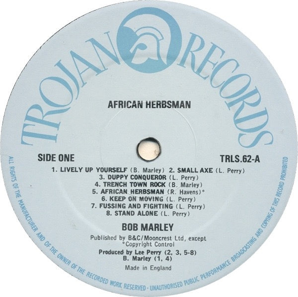 Image of Label Cover of LP - VG/VG - BOB MARLEY AND THE WAILERS, African Herbsman (Trojan Records ; TRLS 62, UK 1980s Reissue, Picture Sleeve), Conservative grading, light mottling on disc, plays fine.,  - 3526146E