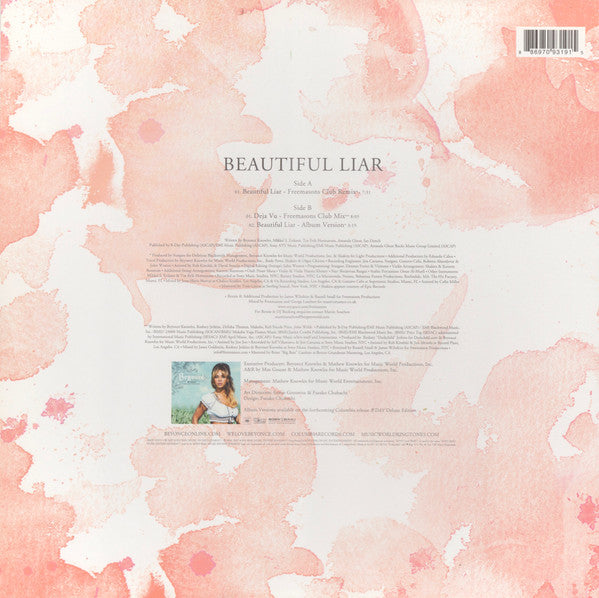 Image of Back Cover of 12" - VG+/VG+ - BEYONC� & SHAKIRA, Beautiful Liar (Columbia; 88697 09319 1, Europe 2007, Picture Sleeve), ,  - 4226227E