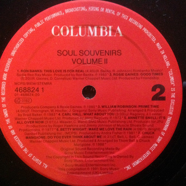 Image of Label Cover of LP - VG/VG - VARIOUS, Soul Souvenirs - Volume Two (Columbia; 468824 1, Netherlands 1991), A couple of unsightly scuffs but plays VG,  - 4326398E