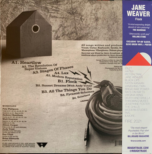 Image of Back Cover of LP - EX/EX - JANE WEAVER, Flock (Fire Records; FIRELP544, UK 2021, Black Inner, Poster, Rough Trade Sticker, Olive Green Vinyl With Obi & CD), Still in hype stickered shrinkwrap.,  - 2416455C
