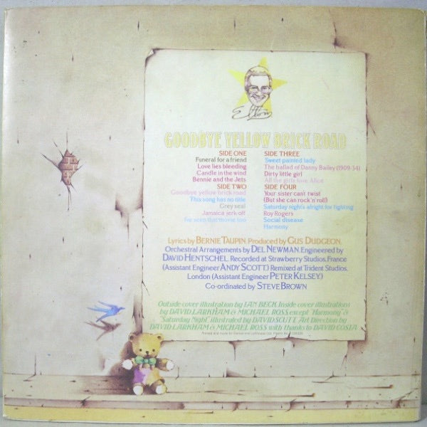 Image of Back Cover of 5024238E: 2xLP - ELTON JOHN, Goodbye Yellow Brick Road (DJM Black Yellow And White Labels ; DJLPD 1001, UK 1973, Triple Gatefold, Translucent Red When Held Up To Light. Label variant, Numerical side indicators)   VG/G+