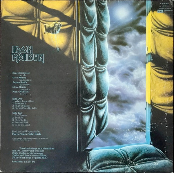 Image of Back Cover of LP - VG/G+ - IRON MAIDEN, Piece of Mind (EMI; EMA 800, UK 1983, Gatefold, Black Card Inner with rounded corners, First pressing), Many light hairlines. Edgewear. Sleeve has some tape on bottom seam.,  - 2326243E