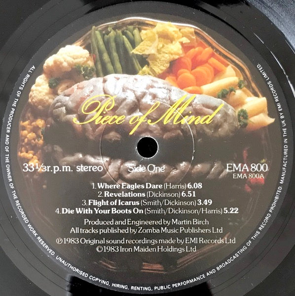Image of Label Cover of LP - VG/G+ - IRON MAIDEN, Piece of Mind (EMI; EMA 800, UK 1983, Gatefold, Black Card Inner with rounded corners, First pressing), Many light hairlines. Edgewear. Sleeve has some tape on bottom seam.,  - 2326243E