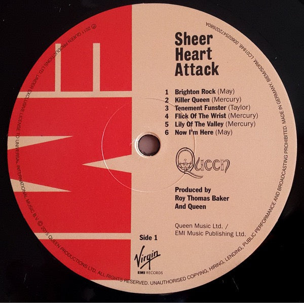 Image of Label Cover of LP - VG+/VG+ - QUEEN, Sheer Heart Attack (EMI; 00602547202680, UK 2015 Reissue, Inner, Half-Speed Mastered, 180 Gram Vinyl), Strong VG+, Corner Bump,  - 2726171E