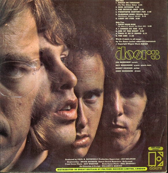 Image of Back Cover of LP - VG/F - THE DOORS, The Doors (Elektra Orange & Black; EKL 4007, UK 1967, Mono. POLYDOR RECORDS LIMITED at bottom of label. M.C.P.S/Paradox/Essex/Universal/Jewel publishing ), ,  - 2226329E
