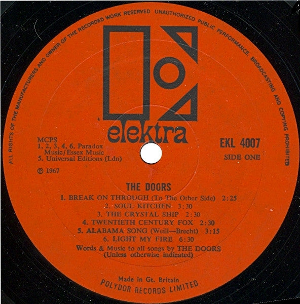 Image of Label Cover of LP - VG/F - THE DOORS, The Doors (Elektra Orange & Black; EKL 4007, UK 1967, Mono. POLYDOR RECORDS LIMITED at bottom of label. M.C.P.S/Paradox/Essex/Universal/Jewel publishing ), ,  - 2226329E