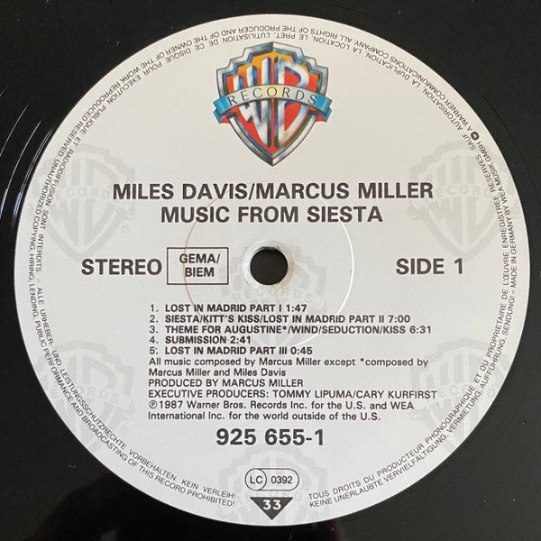 Image of Label Cover of LP - EX/EX - MILES DAVIS / MARCUS MILLER, Music From Siesta (Warner Bros. Records; 925 655-1, Europe 1987, Inner), ,  - 4326170E