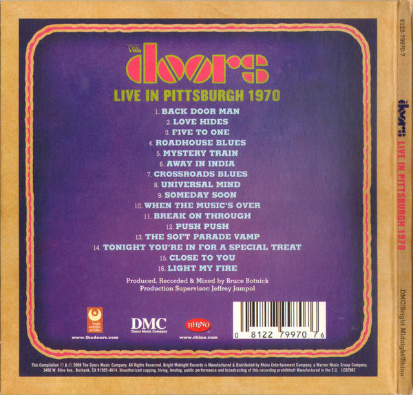 Image of Back Cover of CD - EX/VG+ - THE DOORS, Live In Pittsburgh 1970 (Bright Midnight Records ; 8122-79970-7, Europe 2008, Card Sleeve, Booklet), ,  - 3036189E