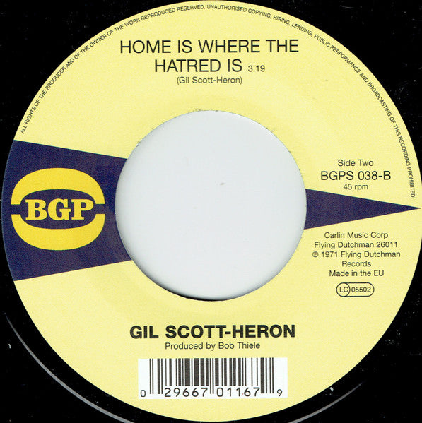 Image of Back Cover of 0713672C: 7" - GIL SCOTT-HERON, The Revolution Will Not Be Televised / Home Is Where The Hatred Is (BGP Records; BGPS 038, Europe 2013 Reissue)   NEW/NEW