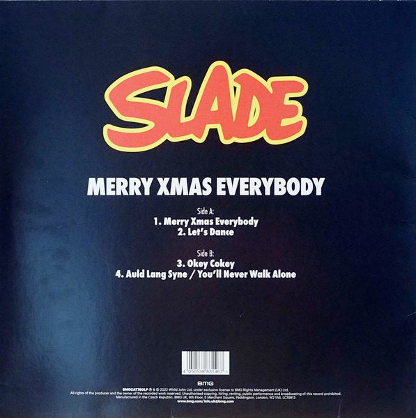 Image of Back Cover of 12" EP - NEW/NEW - SLADE, Merry Xmas Everybody (BMG; BMGCAT780LP, Europe 2022 Reissue, Snowflake Marble Vinyl), , A1 - Merry Xmas EverybodyA2 - Let's DanceB1 - Okey CokeyB2 - Auld Lang Syne / You'll Never Walk Alone - 1036107E