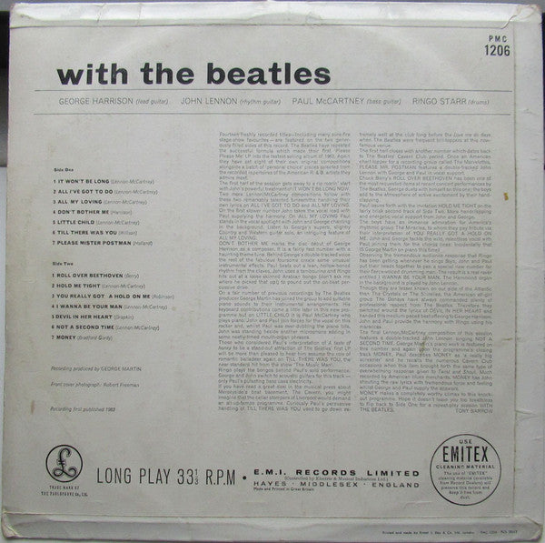 Image of Back Cover of LP - VG/G+ - THE BEATLES, With The Beatles (Parlophone Black/Yellow; PMC 1206, UK 1963, Laminated E.J. Day Sleeve, EMITEX Company Inner, Mono, 'Dominion' Credit, KT Tax Code, 'You Really Got A' On Sleeve and Label,), Lots of hairlines.  Edge creasing and some laminate bubbling. ,  - 3026253E