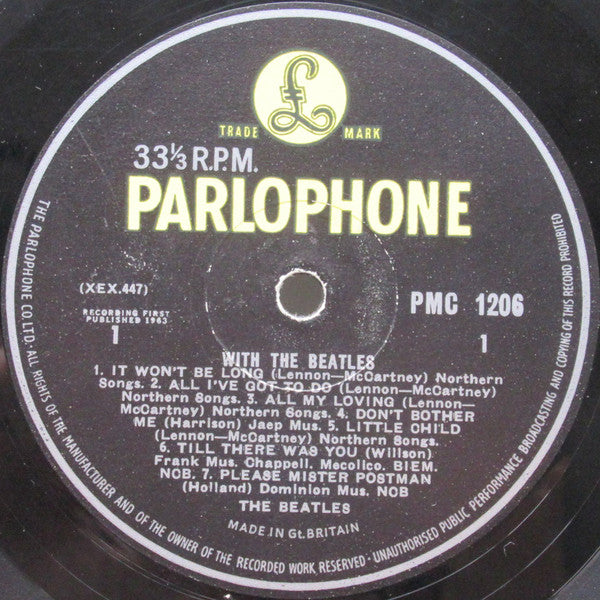 Image of Label Cover of LP - VG/G+ - THE BEATLES, With The Beatles (Parlophone Black/Yellow; PMC 1206, UK 1963, Laminated E.J. Day Sleeve, EMITEX Company Inner, Mono, 'Dominion' Credit, KT Tax Code, 'You Really Got A' On Sleeve and Label,), Lots of hairlines.  Edge creasing and some laminate bubbling. ,  - 3026253E