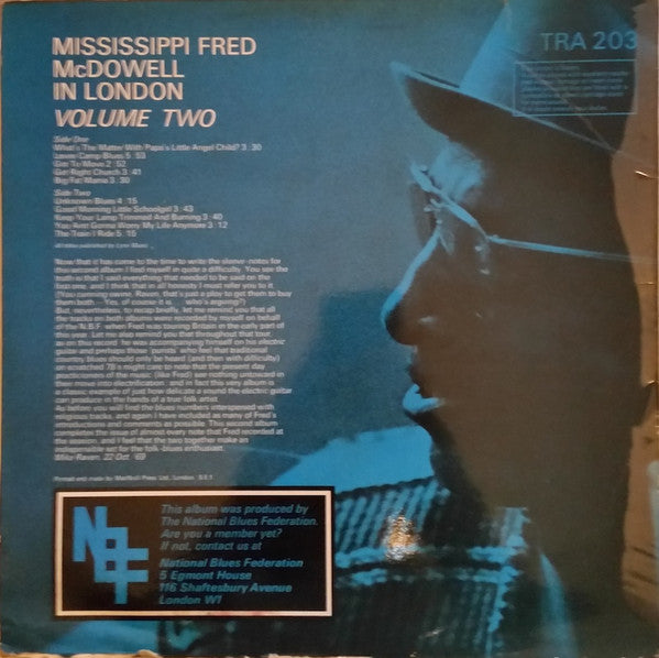 Image of Back Cover of LP - VG/G - MISSISSIPPI FRED MCDOWELL, Mississippi Fred McDowell In London Volume Two (Transatlantic Records; TRA 203, UK 1969, Laminated Front Sleeve), Many marks on vinyl, plays through fine with background noise.,  - 4046277S
