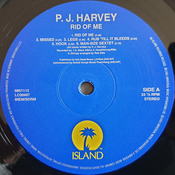 Image of Label Cover of LP - VG+/VG+ - P J HARVEY, Rid Of Me (Island Records; 0851112, Worldwide 2020 Reissue, Inner, 180 Gram Vinyl), Still In Opened Shrinkwrap,  - 3246235S