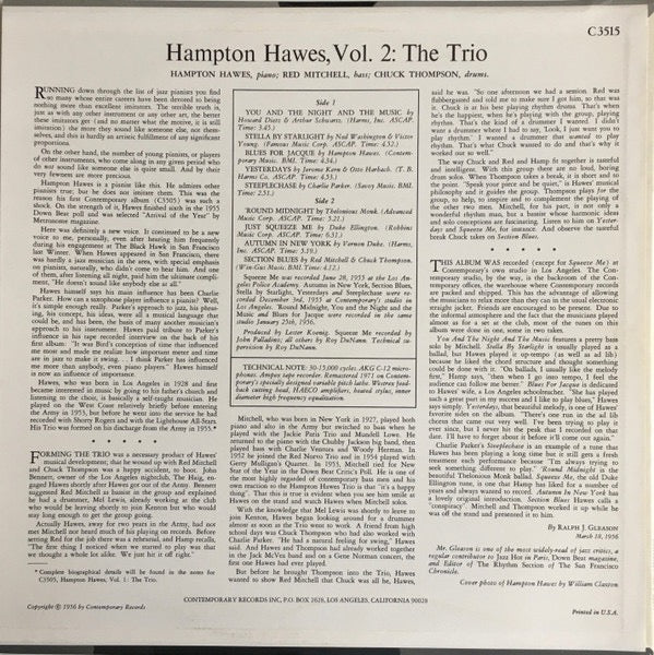 Image of Back Cover of LP - VG/VG - HAMPTON HAWES, This Is Hampton Hawes Vol. 2: The Trio (Contemporary Records; C3515, US Reissue, Pasteback Sleeve), Shelf wear to sleeve!,  - 3016327C
