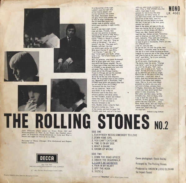 Image of Back Cover of 4945082S: LP - THE ROLLING STONES, No 2 (Decca Red Unboxed ; LK 4661, UK 1965, Non Flipback Blind Man Sleeve, Mono, Rights Companies On Right of Label) Tape around edges of sleeve, a few scuffs, WOS. Very light marks on disc, closer to VG.  G+/G+